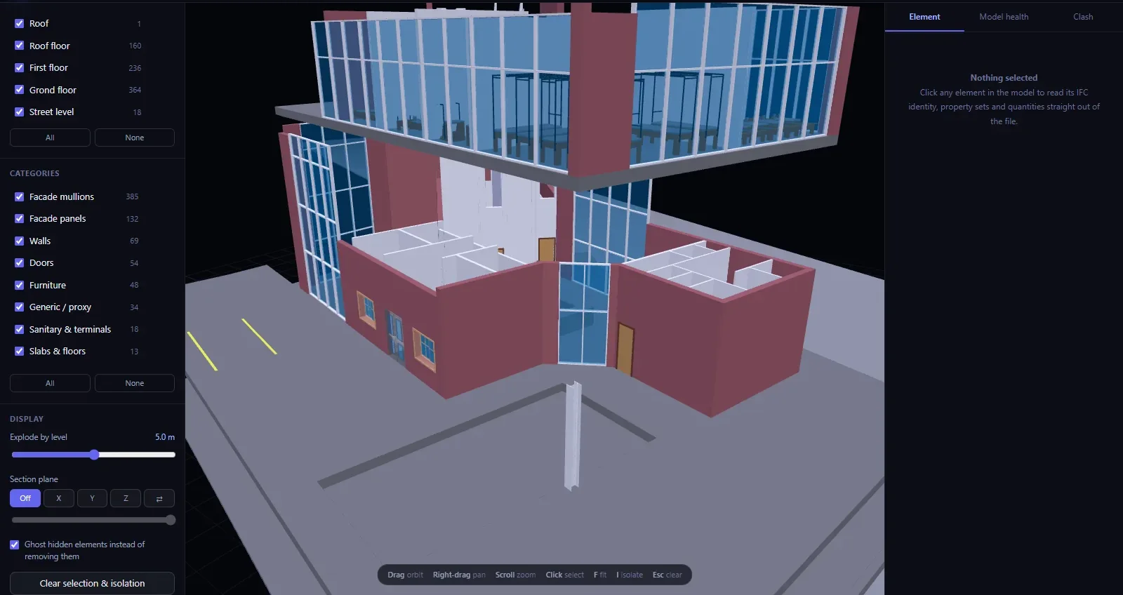 A model-review tool showing a building model exploded by level, with panels for levels, categories and element properties.