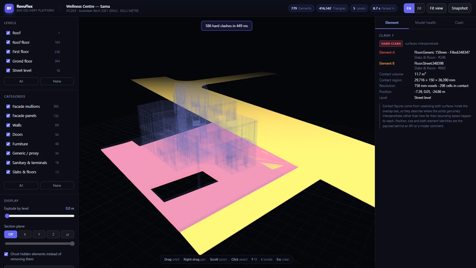 Clash detection view highlighting two interpenetrating floor slabs in pink and yellow, with a panel listing contact volume and position.