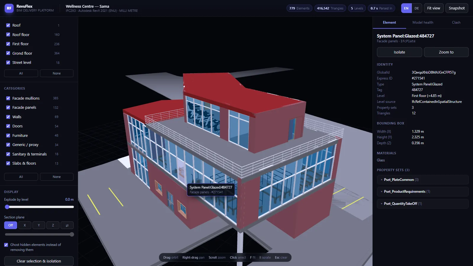 Element inspector showing an individual building element's IFC identity and property sets.