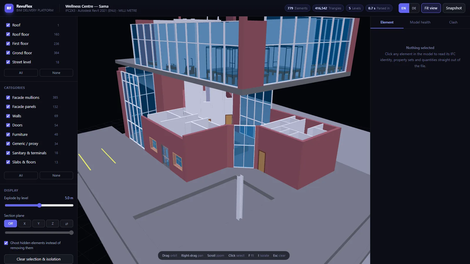 A RevuFlex BIM review tool showing a building model exploded by level, with panels for levels, categories, section planes and element properties.