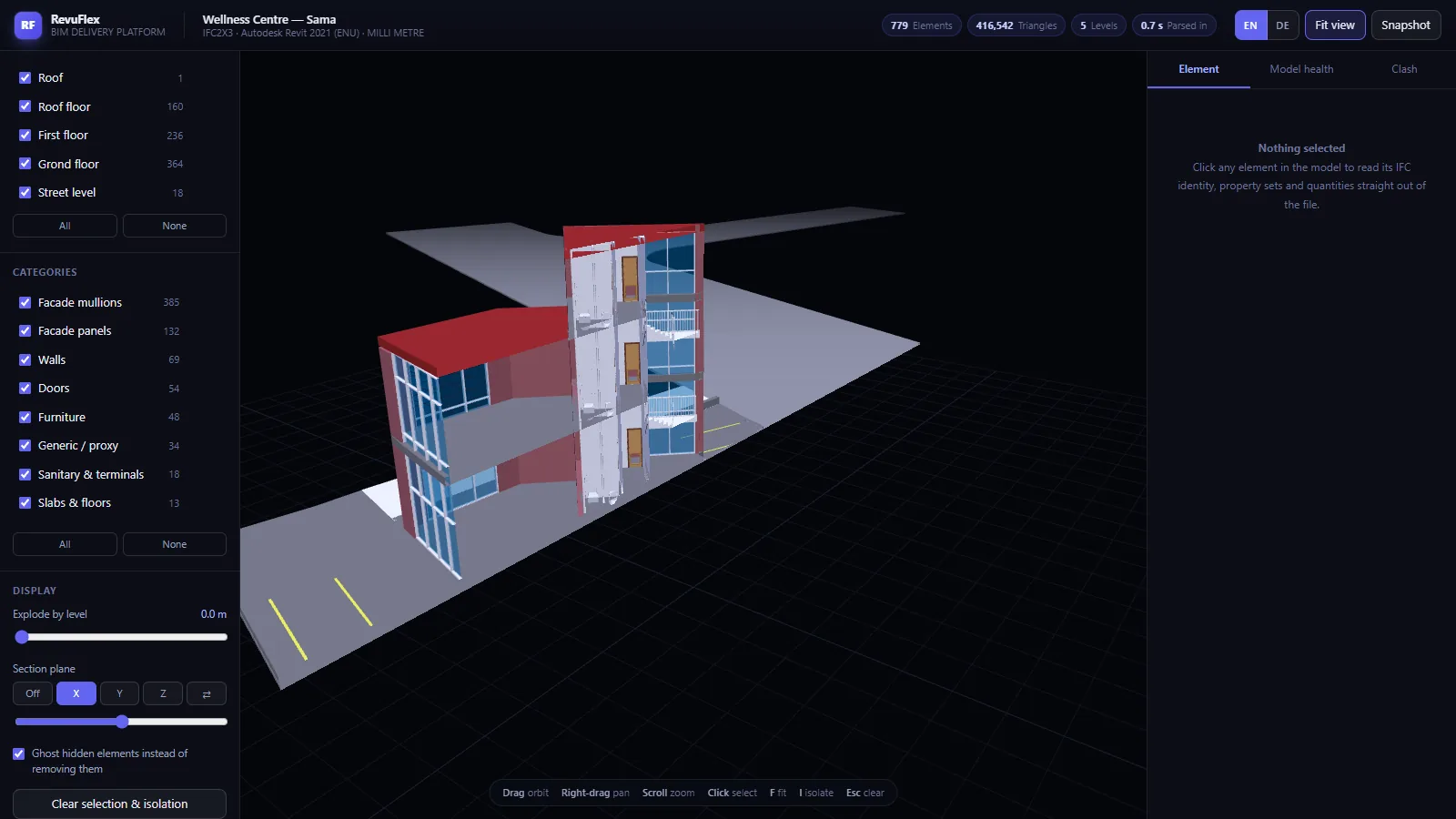 A live section plane cutting through the building model to reveal interior structure.